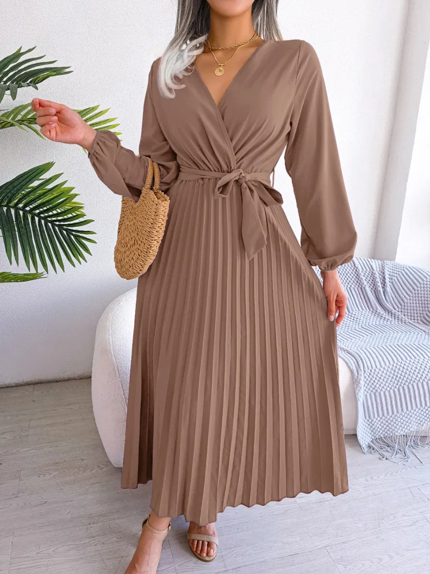 Novo Vestido Feminino de Manga Longa com Decote em V, com Cinto Amarrado e Plissado em Cor Sólida para Roupas Casuais Elegantes, Mercado de Moda da Europa, França e Itália