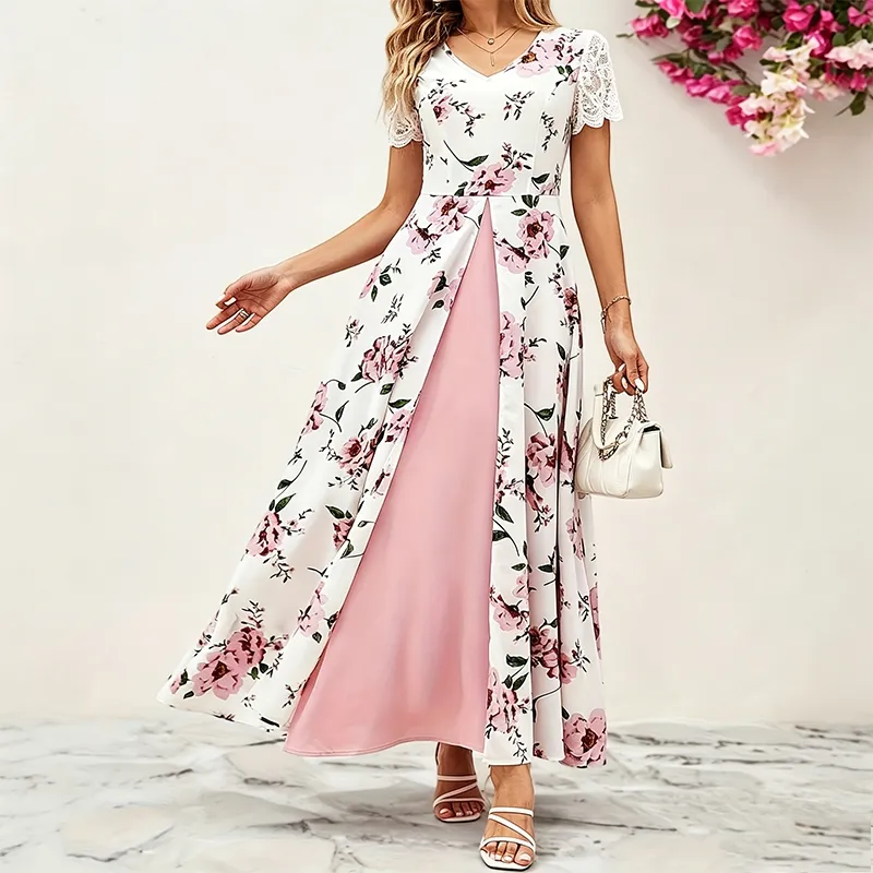 Vestido Maxi Floral para Mulheres com Decote em V, Renda, Mangas Curtas, Falso Dois Peças, Fenda Longa, Vestido Casual de Verão para Convidadas de Casamento, Vestido de Praia