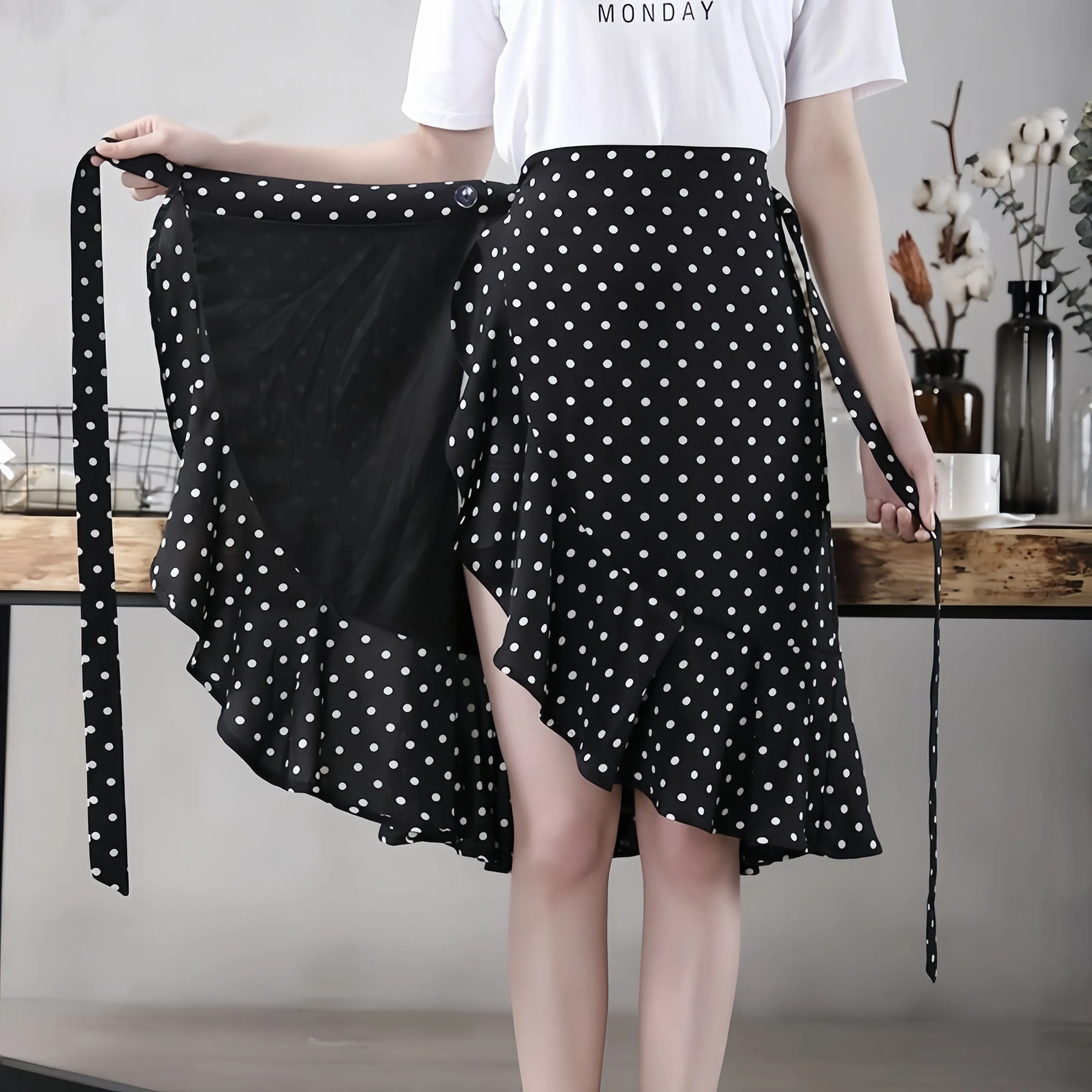 Fabricante de Roupas Personalizadas Saia Longa Casual Midi de Chiffon Irregular com Renda Fina de Verão, Alta na Cintura, Estilo Fishtail, Elegante para Senhoras