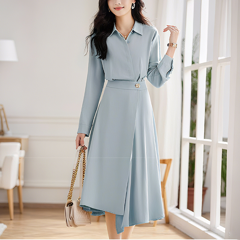 Camisa de Negócios Casual de Manga Longa Elegante com Design de Vestido em A-Line