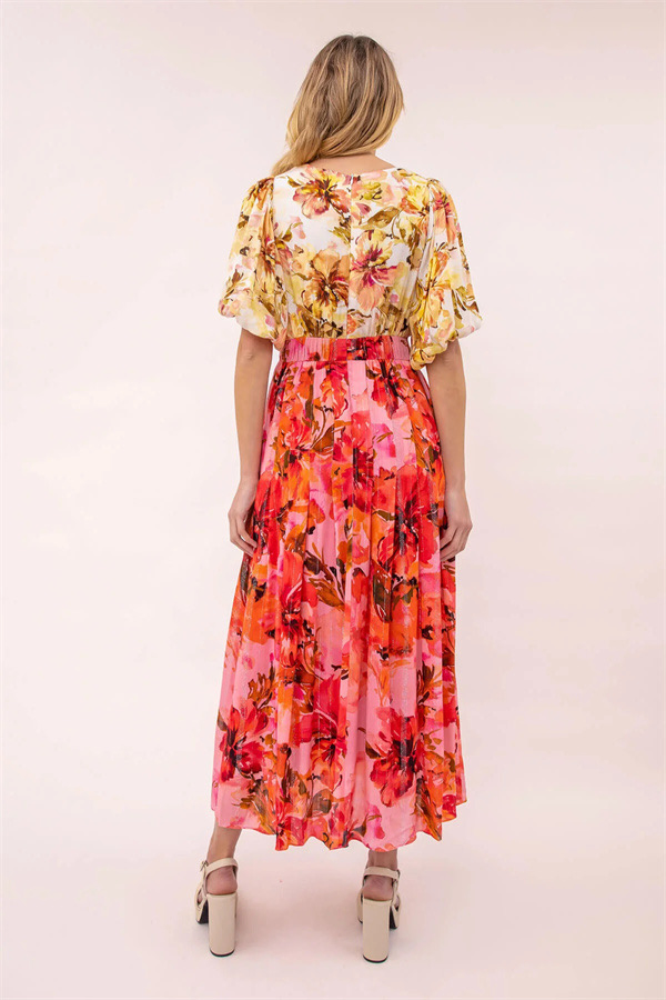 Vestido midi casual com mangas bufantes em contraste de cores, novo lançamento personalizado de fábrica
