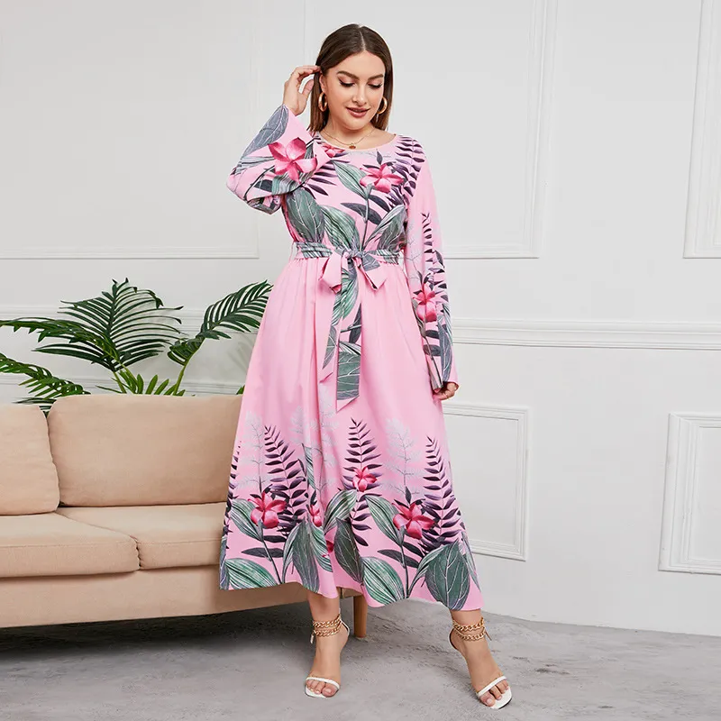 Vestido Casual Floral de Manga Longa Plus Size para Mulheres Moda Vestido