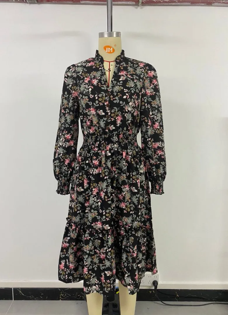 Vestido Floral Impresso de Manga Longa para Mulheres