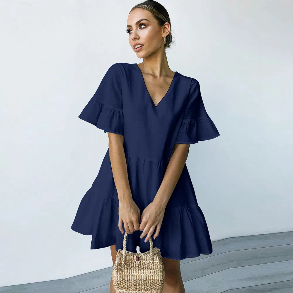 Melhores Vendas Vestido Casual Elegante Feminino de Manga Curta com Decote em V em Cores Sólidas Europeu e Americano