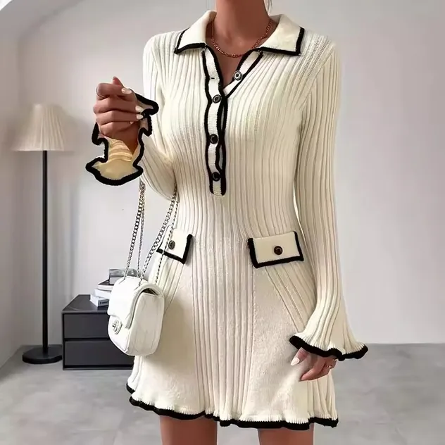Vestido Elegante de Tricô para Mulheres, Suéter de Manga Longa, Malha de Inverno, Suéter de Botão, Vestidos Casuais para Mulheres