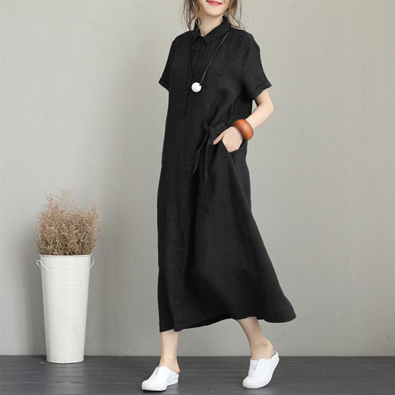 2023 Vestido Casual de Verão para Mulheres com Gola, Laço, Manga Curta, Camiseta de Algodão e Linho em Corte A