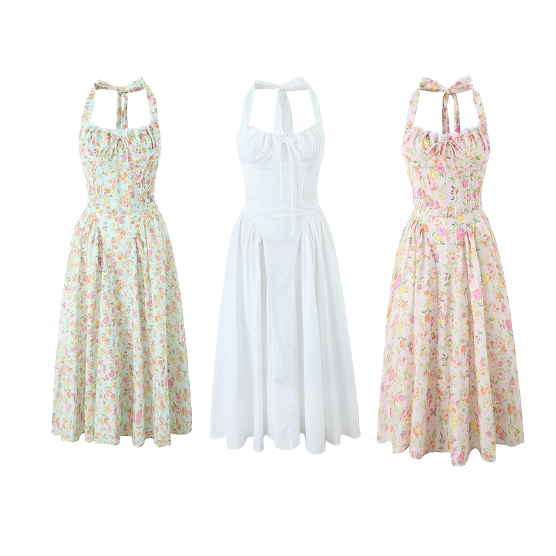 Vestido Casual Floral Sem Mangas para Mulheres em Algodão Respirável Lavável Estilo Modesto Ombro a Descoberto Natural