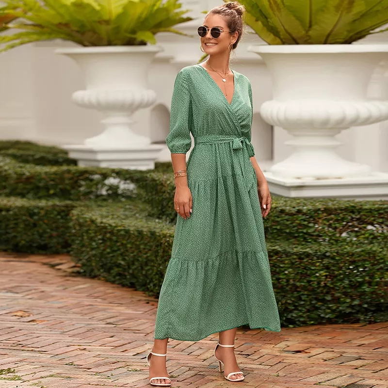 Vestidos Elegantes para Mulheres Adultas Maxi Tamanho Plus Vestido Verde com Poás Mulheres Roupas Casuais com Cinto de Cintura Envolvente com Babados