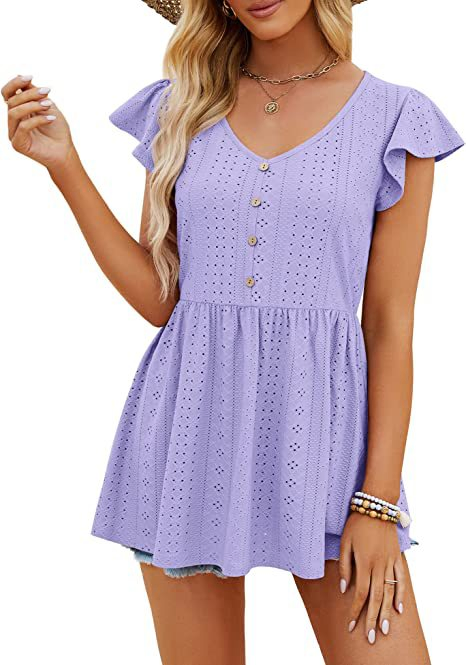 2023 Vestido Curto Casual Slim com Decote em V, Botões e Renda, T-Shirt Longa de Algodão Solta para o Verão, Tricô Jacquard para Mulheres
