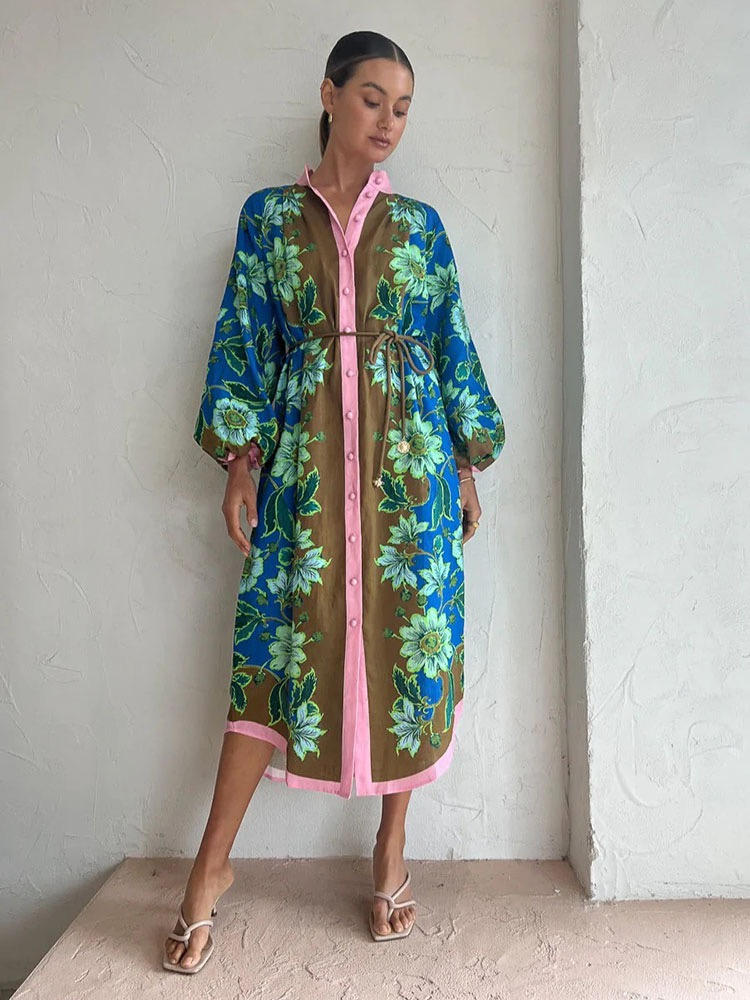 Moda Especial Interesse Alta Qualidade Vintage Estampado Estilo Férias Camisa Vestido Casual