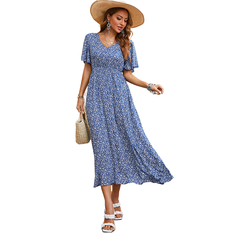 Saia de Flor, Manga Curta, Saia Longa, Vestido Casual, Moda Solta Floral, Verão Feminino, Estilo Gentil, Atacado