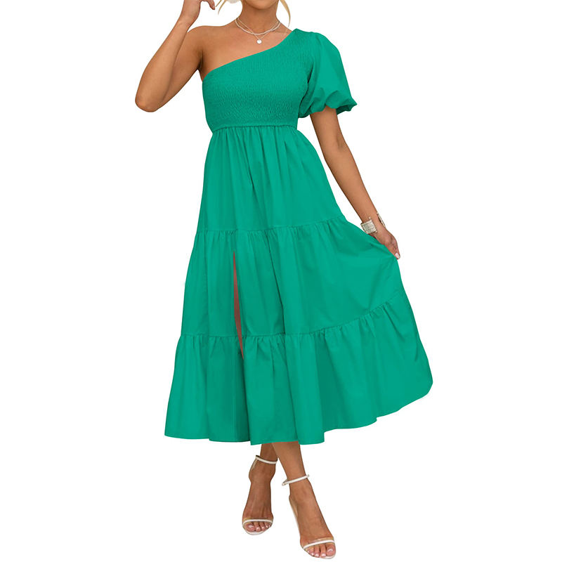 Novo Vestido Casual de Verão Boho para Mulheres, Um Ombro, Manga Curta, Com Pregas, Fenda Lateral, Renda, Estilo Solto