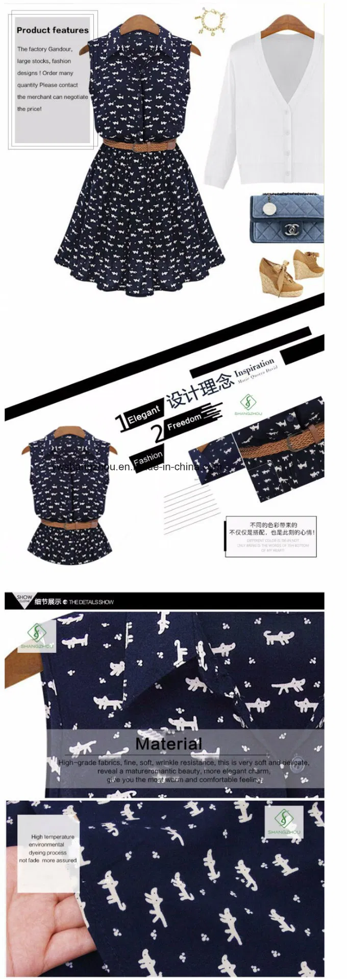 Vestido Casual de Colarinho em Algodão para Mulheres com Novo Design de Moda Fábrica