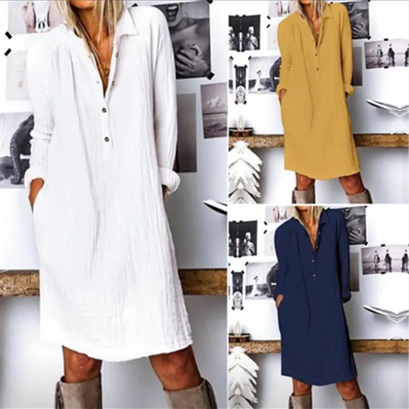 Estilo Quente Primavera Outono Roupas Femininas Novo Vendido Quente Vestido Casual de Algodão Linho com Manga Longa e Lapela com Botão Cor Sólida Europeia