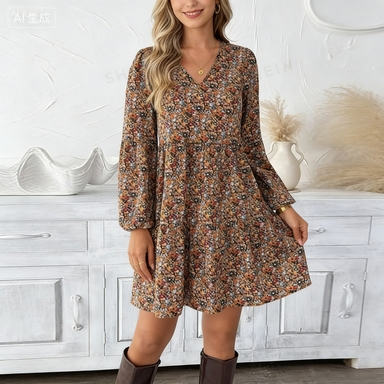 Vestido Mini Casual Boho com Estampa Floral de Manga Longa e Decote em V para Mulheres