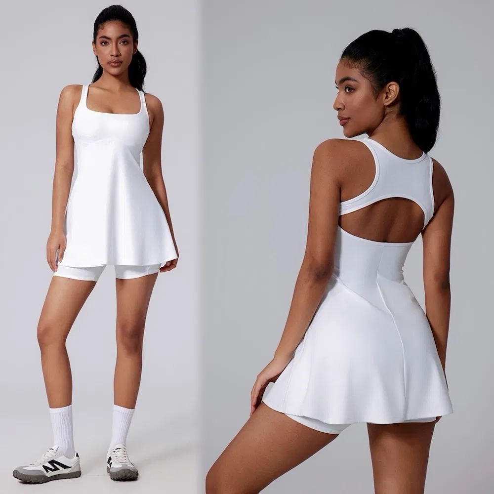 Último 2PCS Vestido Sexy Hollow Back de Pickleball e Tênis com Sutiã para Mulheres, Roupas Casuais de Viagem para Praia, Vestido Esportivo de Golfe com Shorts Destacáveis + Bolso
