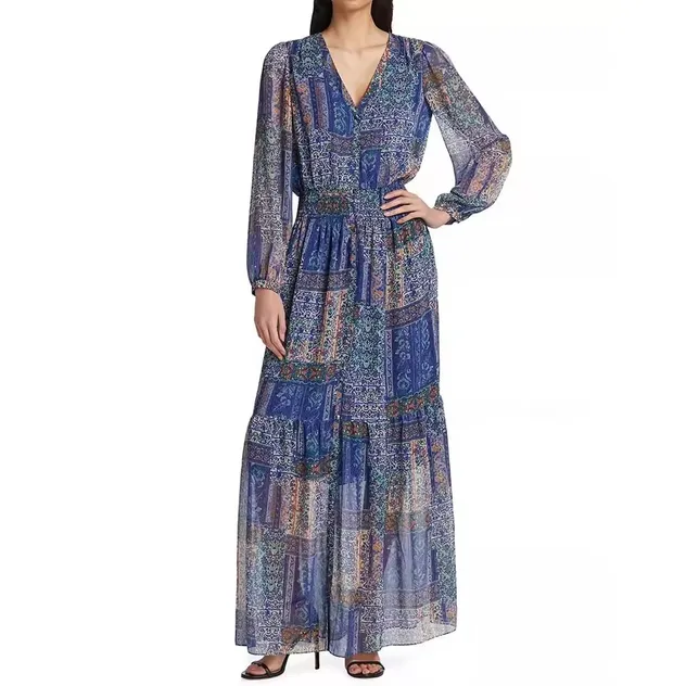 Vestido Maxi V-Neck Casual Boho Vintage com Botão Frontal e Cintura Elástica Estampado para Mulheres Retro Chic