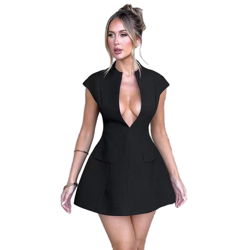Vestido Mini Casual de Alças com Gola em V em Poliéster para Festas Femininas