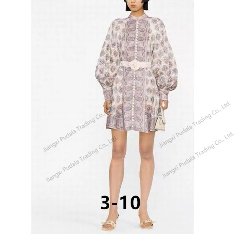 Vestido Feminino Estampado com Botões, Manga Longa, Vestido Casual tipo Camisa