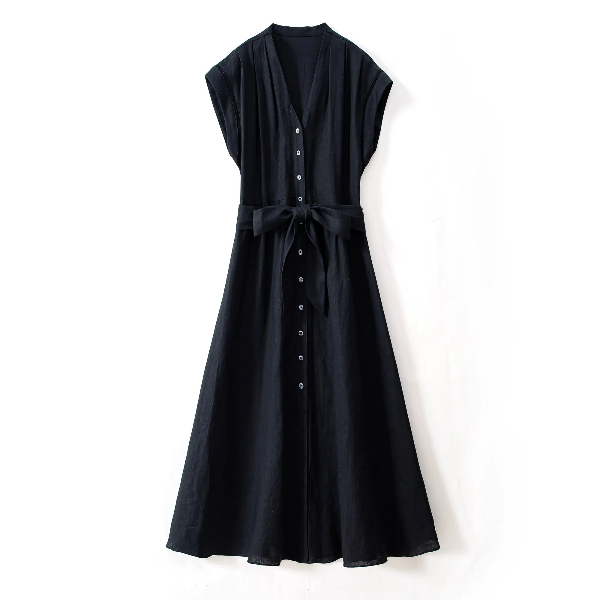 Vestido Casual Elegante com Cinto na Cintura e Mangas Curtas para Mulheres em Linho