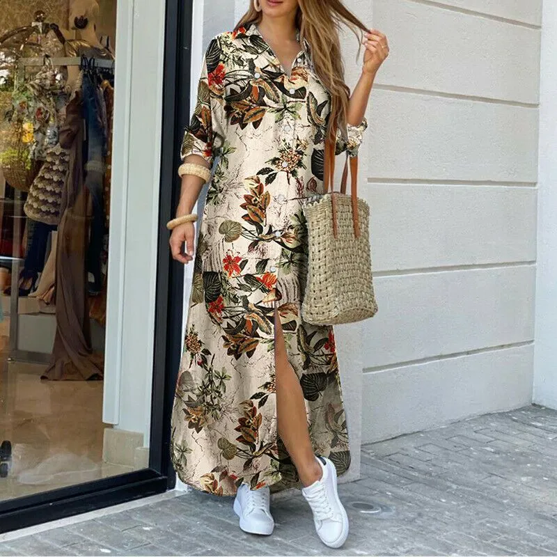 Vestido Camisa Feminino Casual de Manga Longa com Barra Irregular Estampada