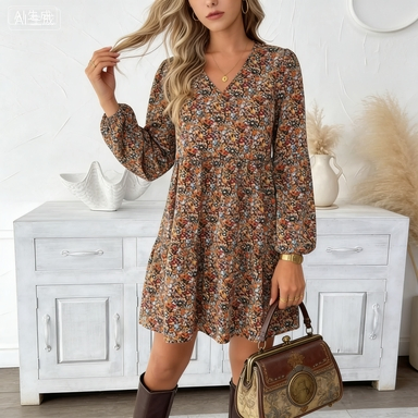 Vestido Mini Casual Boho com Estampa Floral de Manga Longa e Decote em V para Mulheres