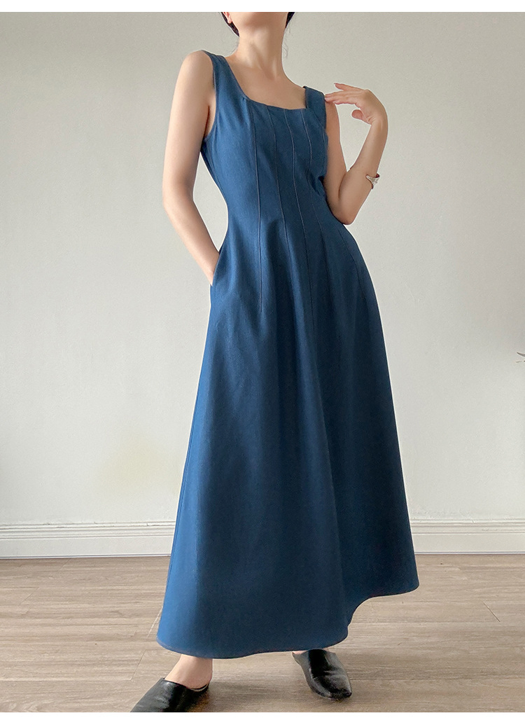 Vestido Maxi Azul com Decote Quadrado Elegante para Mulheres 2026 Verão, Vestido Longo Flare de Cintura Alta com Bolsos, Vestidos Casuais para Trabalho que Afinam para Praia Vacati