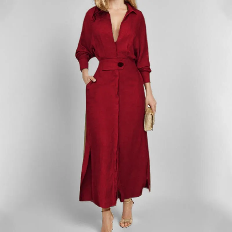 Vestido Camisa Feminino Sólido com Fenda Personalizável Casual Decote em V Manga Longa com Bolsos Saia Longa Vestido de Rua para Mulheres