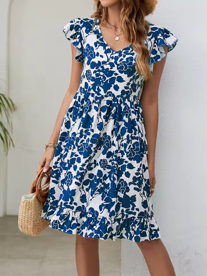 Vestido Casual Midi Feminino de Verão com Padrão de Folhas em Poliéster de Alta Qualidade, Decote em V, Com Babados, Mangas Curtas, Solto na Cintura, Estilo de Férias