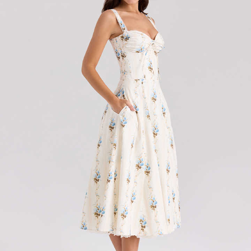 Casual Slip Dress Cream Floral Print Cotton Corset MIDI Dress