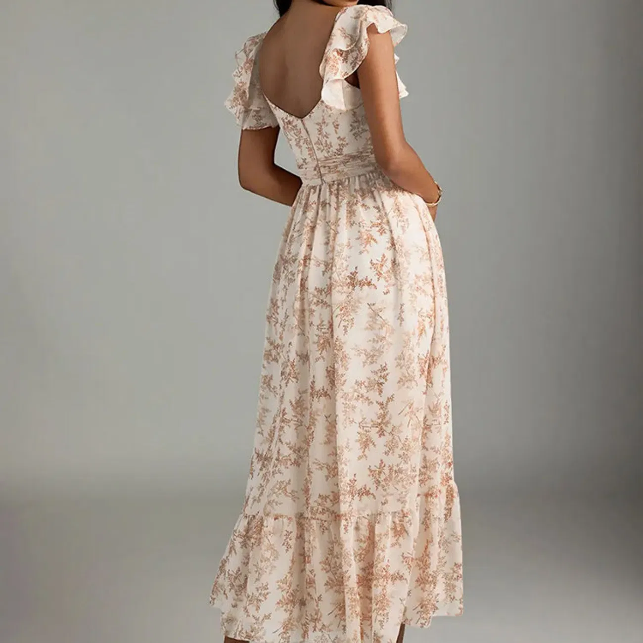 Fabricante de Roupas OEM Vestido Maxi Casual de Verão A-Line com Rendas, Cintura Elástica, Decote Coração e Impressão Digital Pink Fern Floral