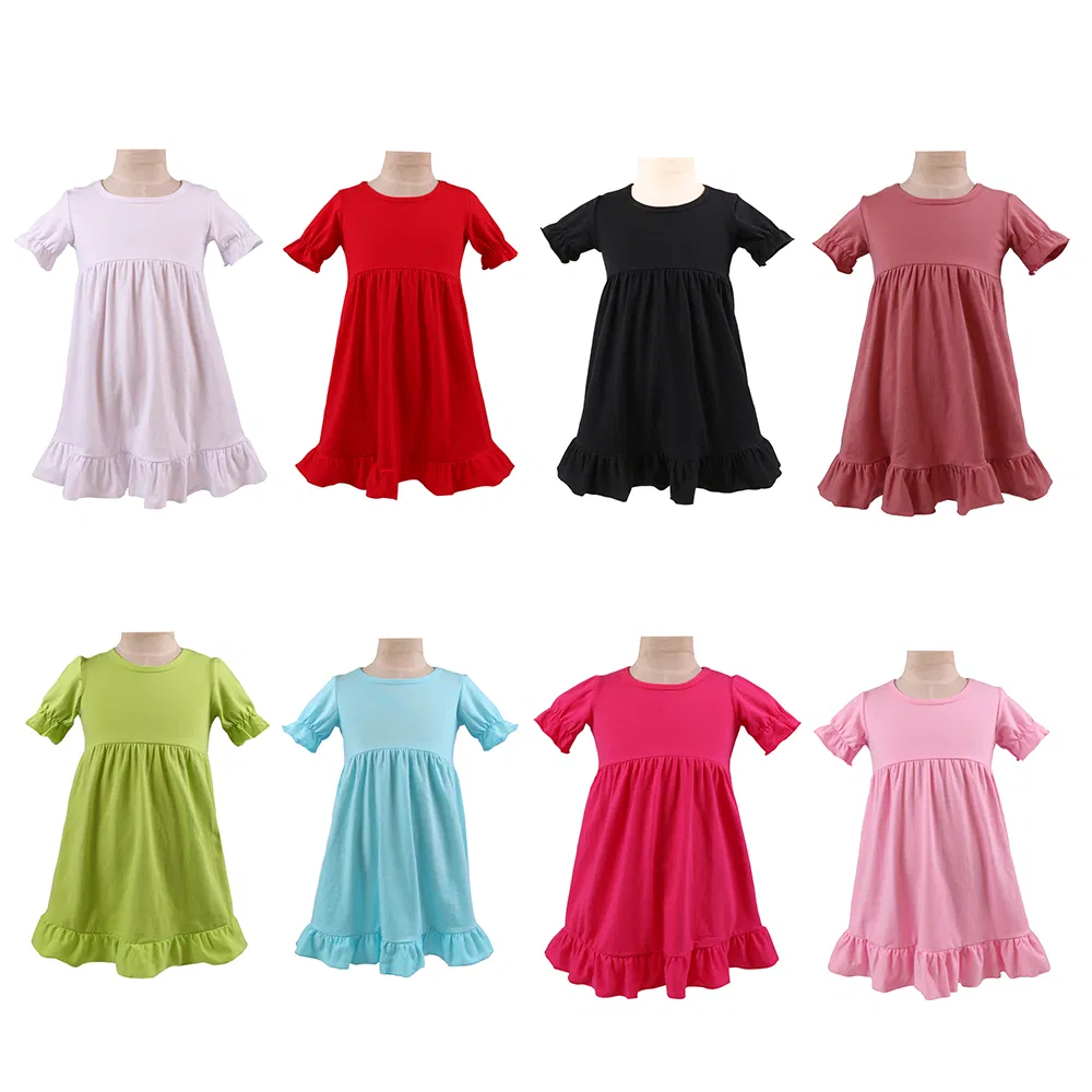 Vestido Casual de Verão Infantil de Manga Curta em Algodão Puro com Renda em Cores Sólidas