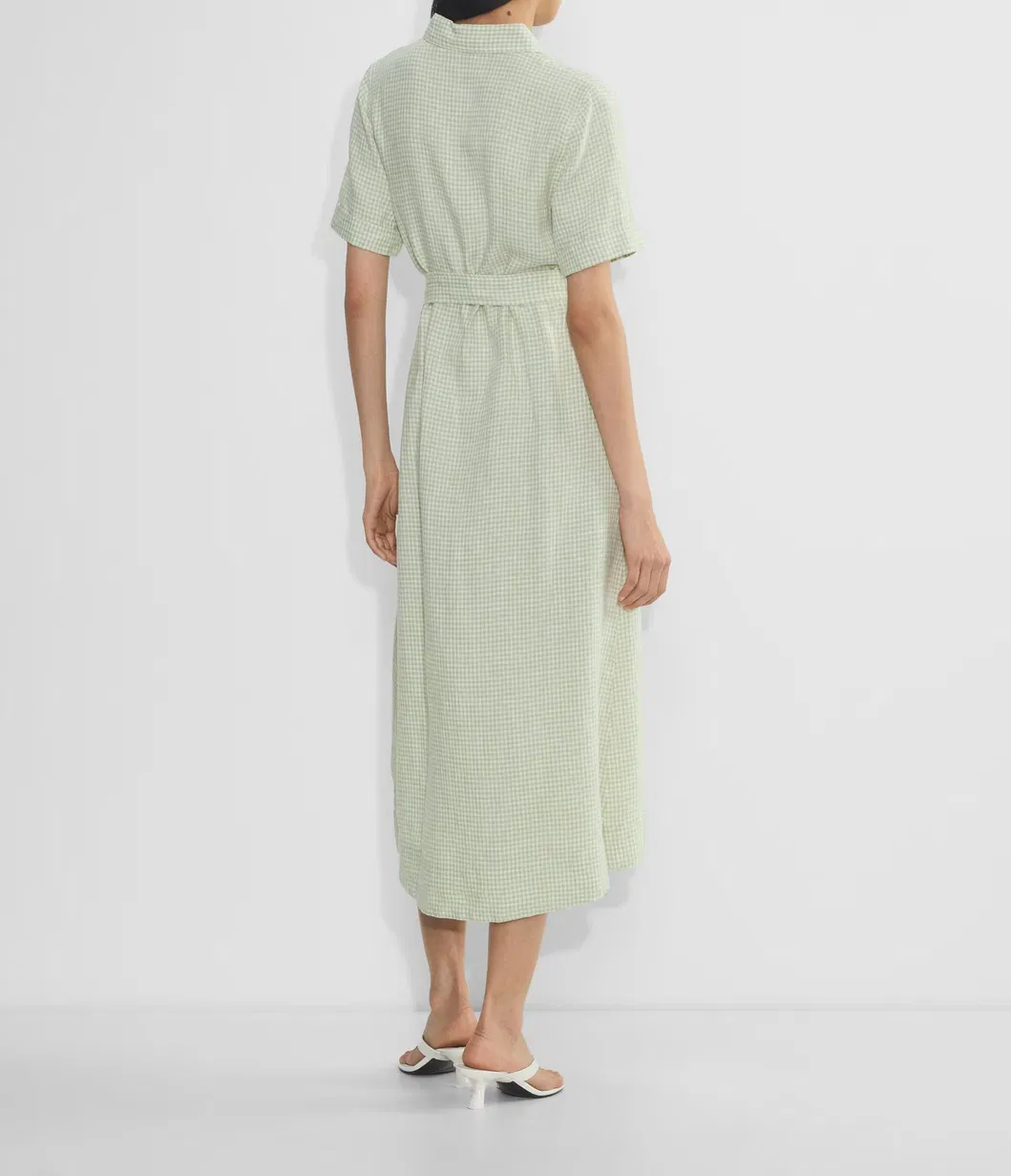 Vestido Casual Longo de Manga Curta com Cintura em Padrão de Cheque Verde Claro para Mulheres de Verão