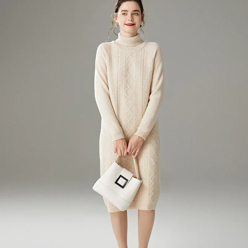 Vestido de malha de gola alta de manga longa em cor sólida casual de inverno
