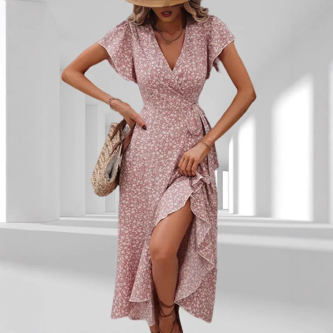 Saia de Flor, Manga Curta, Saia Longa, Vestido Casual, Moda Solta Floral, Verão Feminino, Estilo Gentil, Atacado