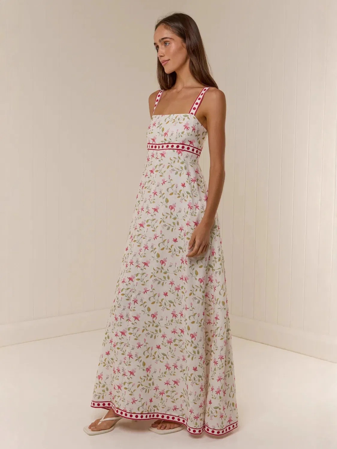 Vestido Maxi Floral Feminino Sem Mangas Decote Quadrado Com Detalhes em Contraste Casual Verão Longo Vestido Slip