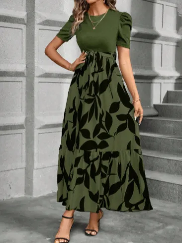Vestido Casual Longo com Estampa Floral, Top com Recortes e Cinto na Cintura para Mulheres