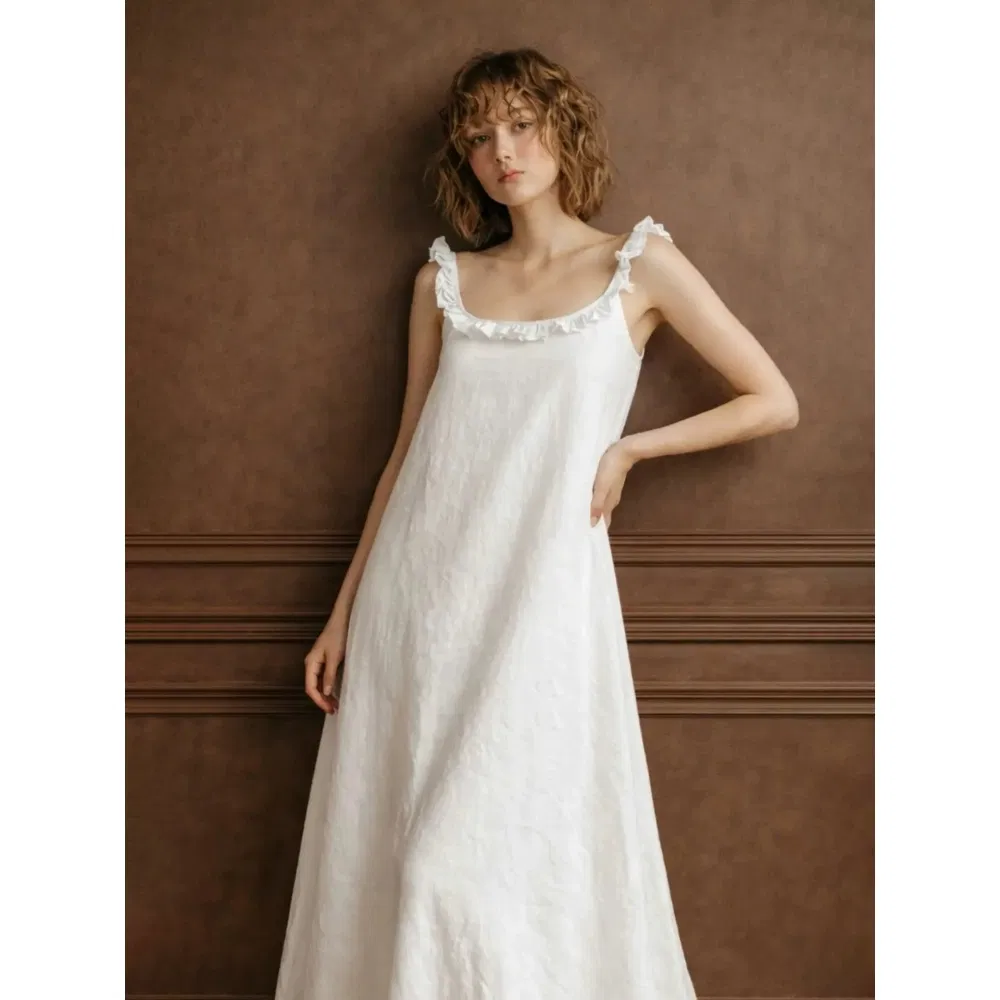 Vestido de Linho Personalizado por Atacado para Mulheres, Vestido Maxi de Alça Espaguete para Viagem, Resort e Praia, Roupas Femininas de Qualidade de Exportação