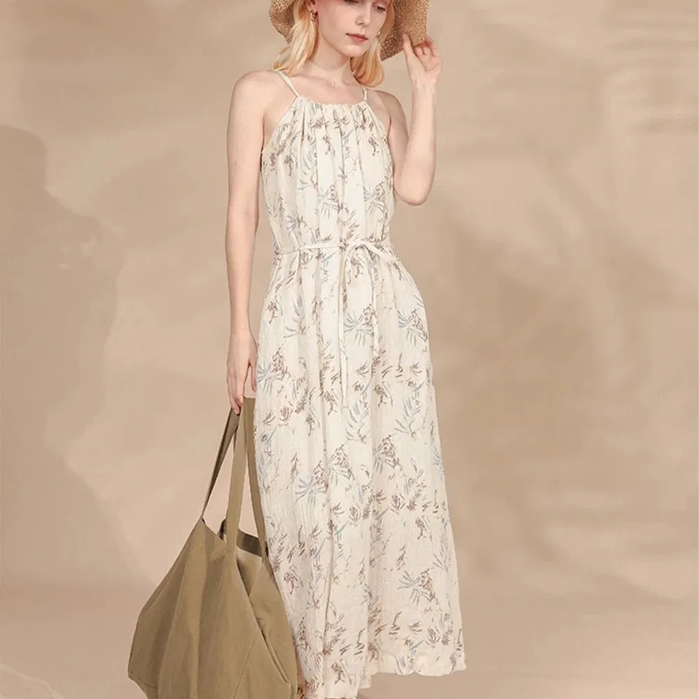 Vestido de Praia Casual Personalizado para Mulheres, Vestido de Alça Sem Mangas, Estilo de Férias de Verão, Sexy, Decote em V, Vestido Midi Floral em Linho