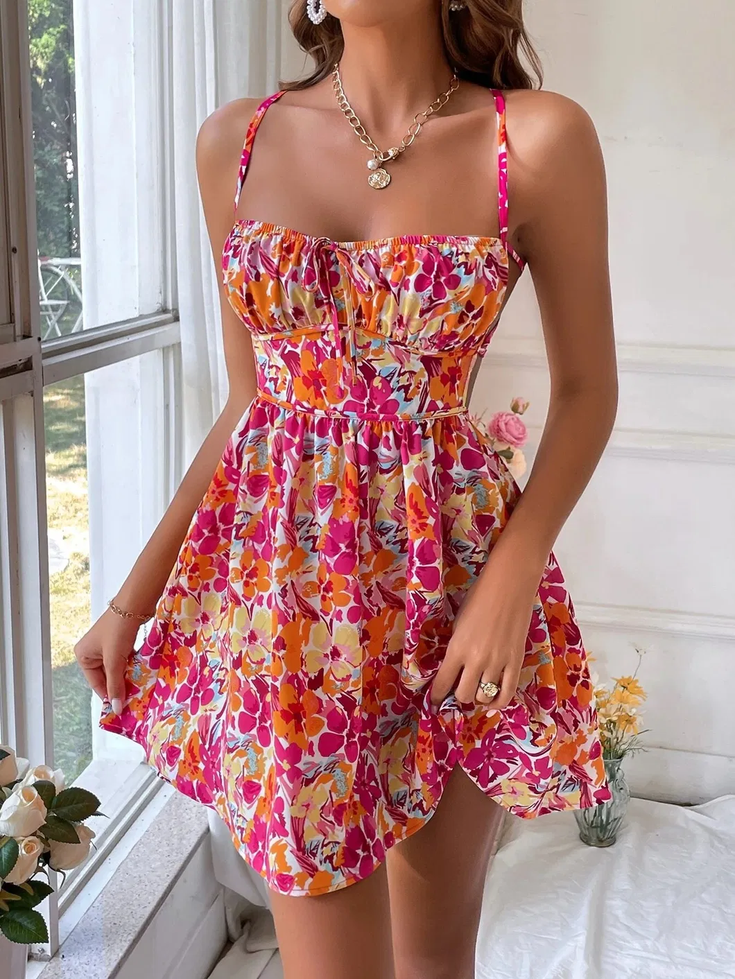 Vestido Cami de Alças com Decote Quadrado Floral Boho Feminino, Vestido de Praia para Férias de Verão, Vestido Midi Casual e Flowy para Férias