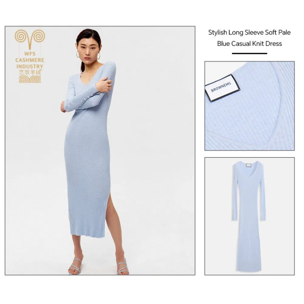 Vestido maxi de malha casual de manga longa com decote em V, sólido e de cor única, personalizado para mulheres, outono e inverno