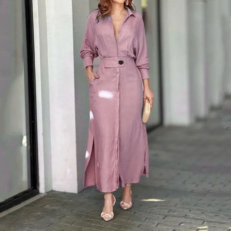 Vestido Camisa Feminino Sólido com Fenda Personalizável Casual Decote em V Manga Longa com Bolsos Saia Longa Vestido de Rua para Mulheres
