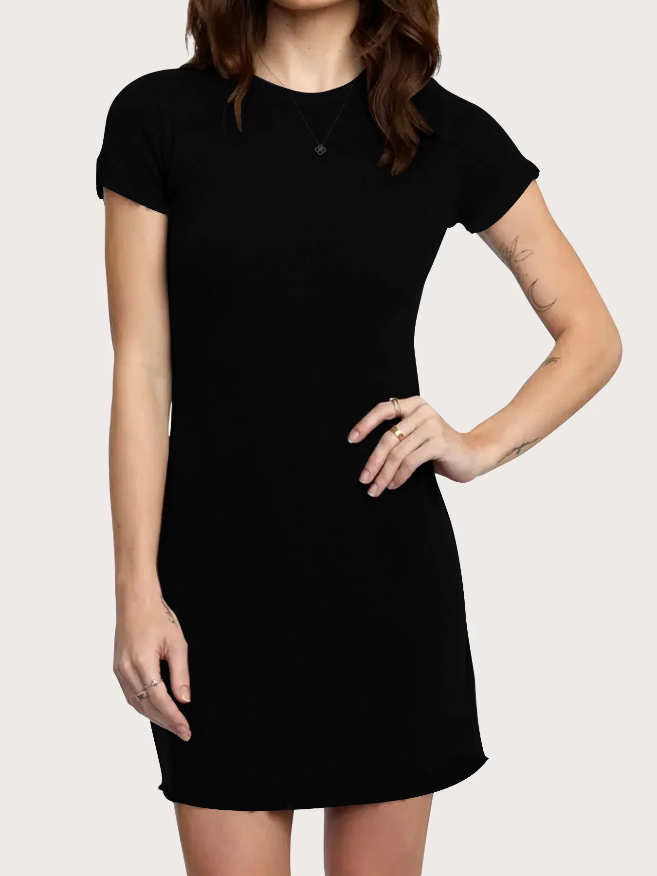 Vestido Simples Sólido, Casual com Gola Redonda, Manga Curta, Mini Vestido Preto