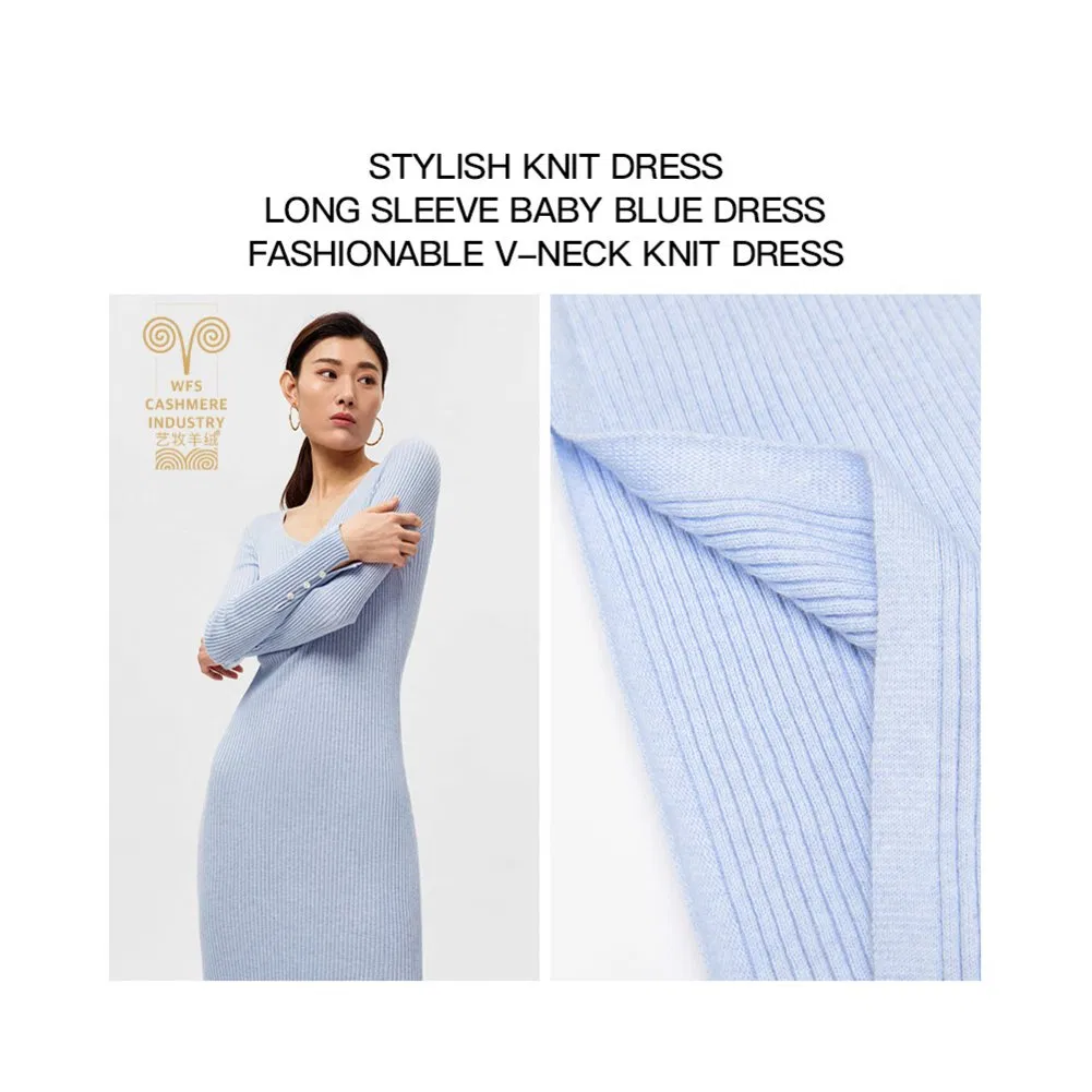 Vestido maxi de malha casual de manga longa com decote em V, sólido e de cor única, personalizado para mulheres, outono e inverno