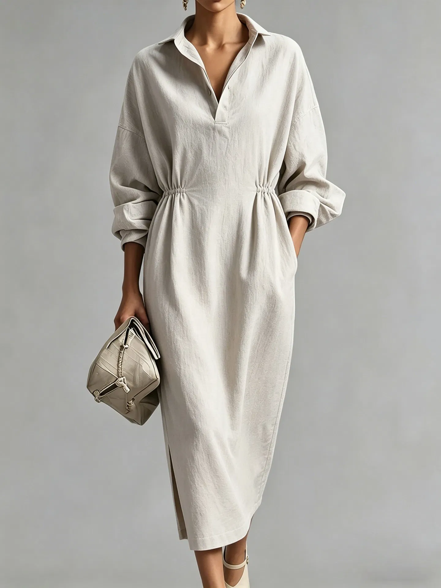 Vestido Maxi Casual Feminino Cinza Claro com Gola de Lapela, Manga Longa, Cinto na Cintura, Ajuste Solto