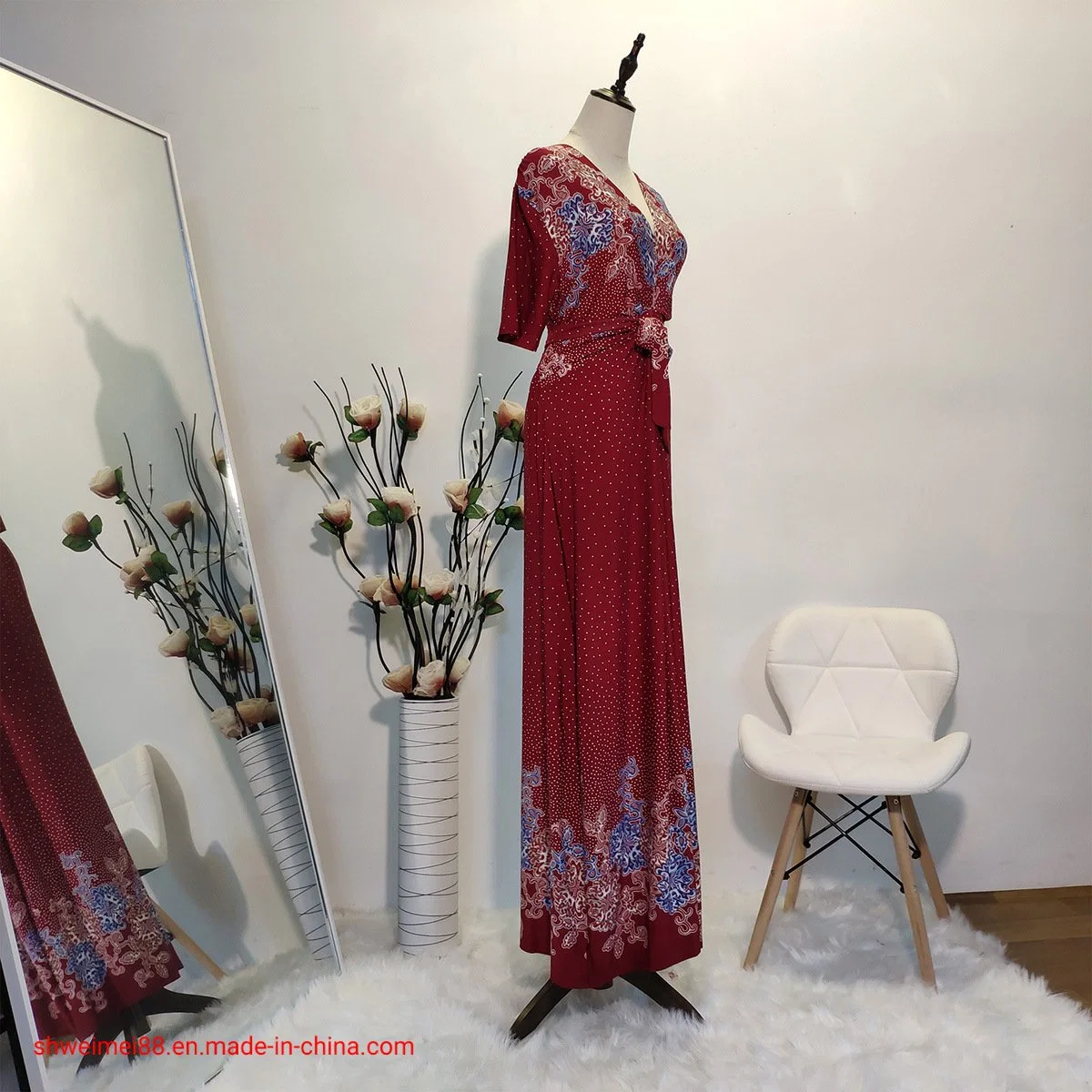 2020 Vestido Maxi Longo Casual de Verão com Manga Curta e Decote em V para Mulheres