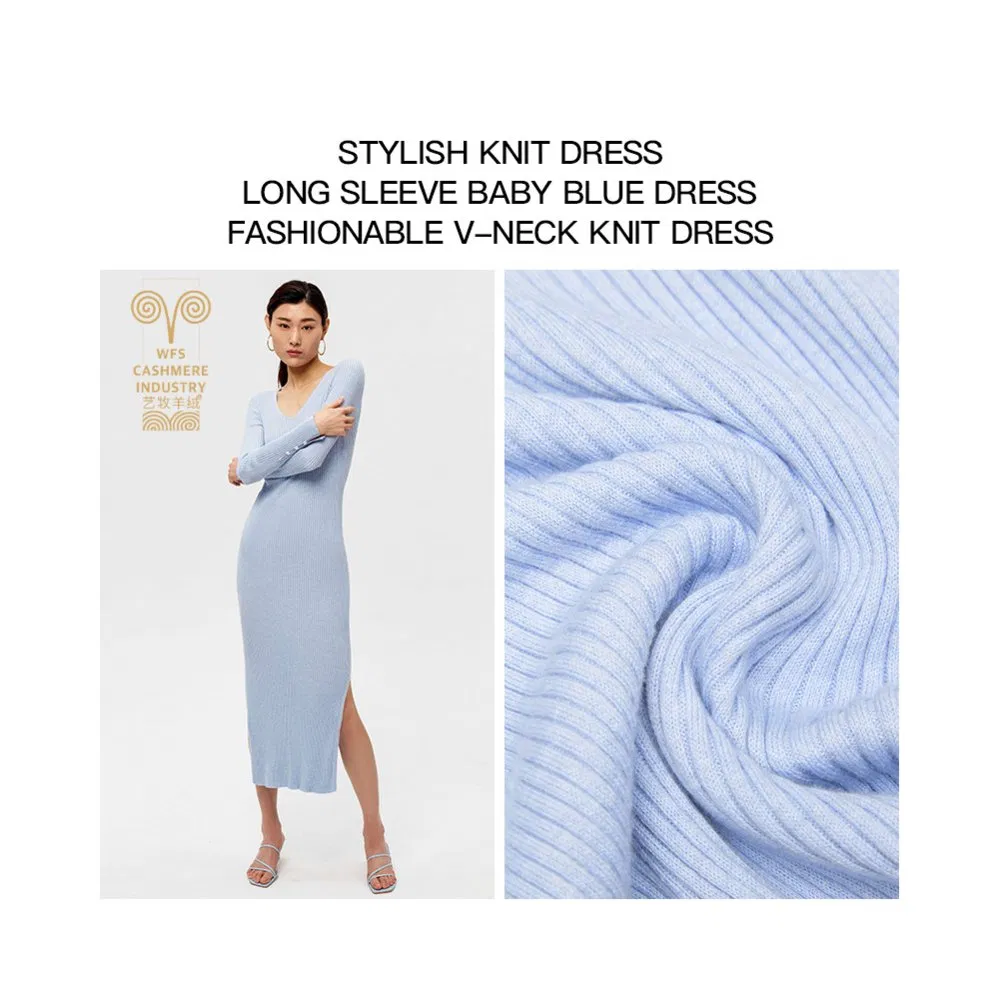 Vestido maxi de malha casual de manga longa com decote em V, sólido e de cor única, personalizado para mulheres, outono e inverno