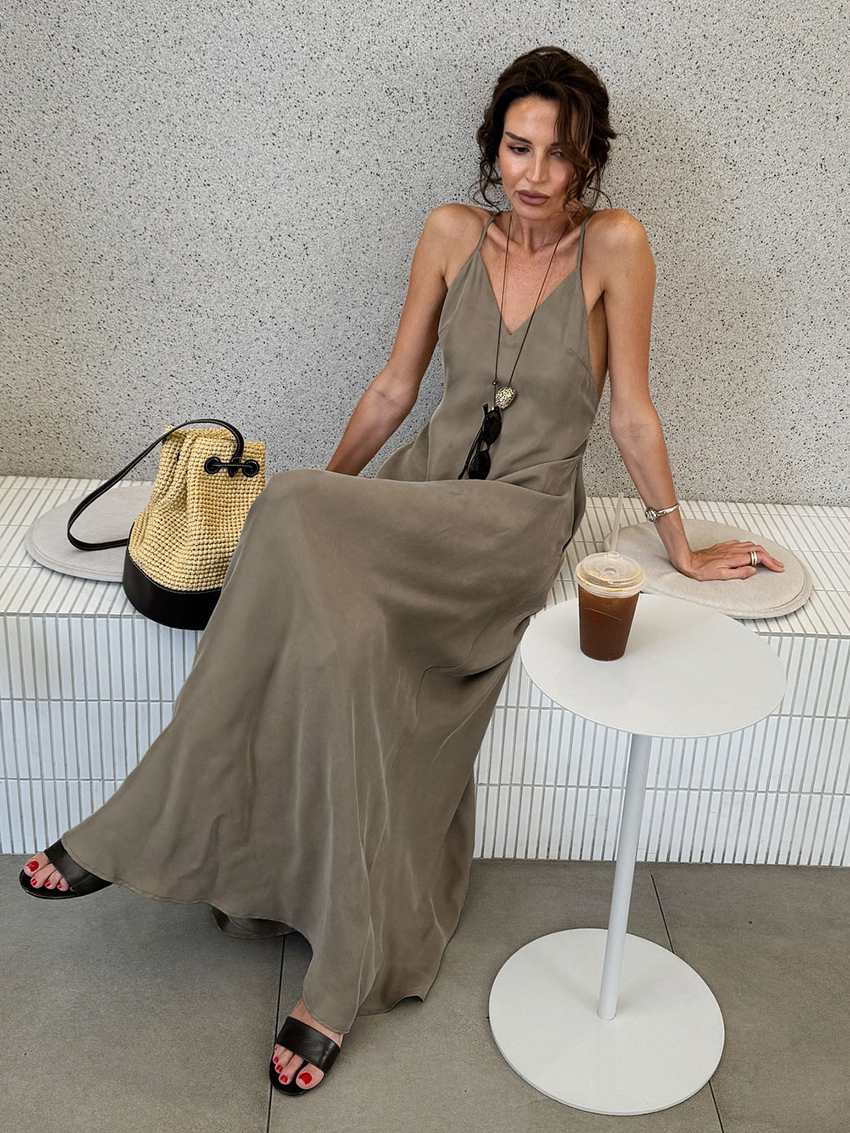 Vestido Maxi Liso com Alças Finas Casual Solto Longo