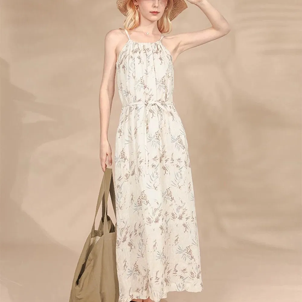 Vestido de Praia Casual Personalizado para Mulheres, Vestido de Alça Sem Mangas, Estilo de Férias de Verão, Sexy, Decote em V, Vestido Midi Floral em Linho
