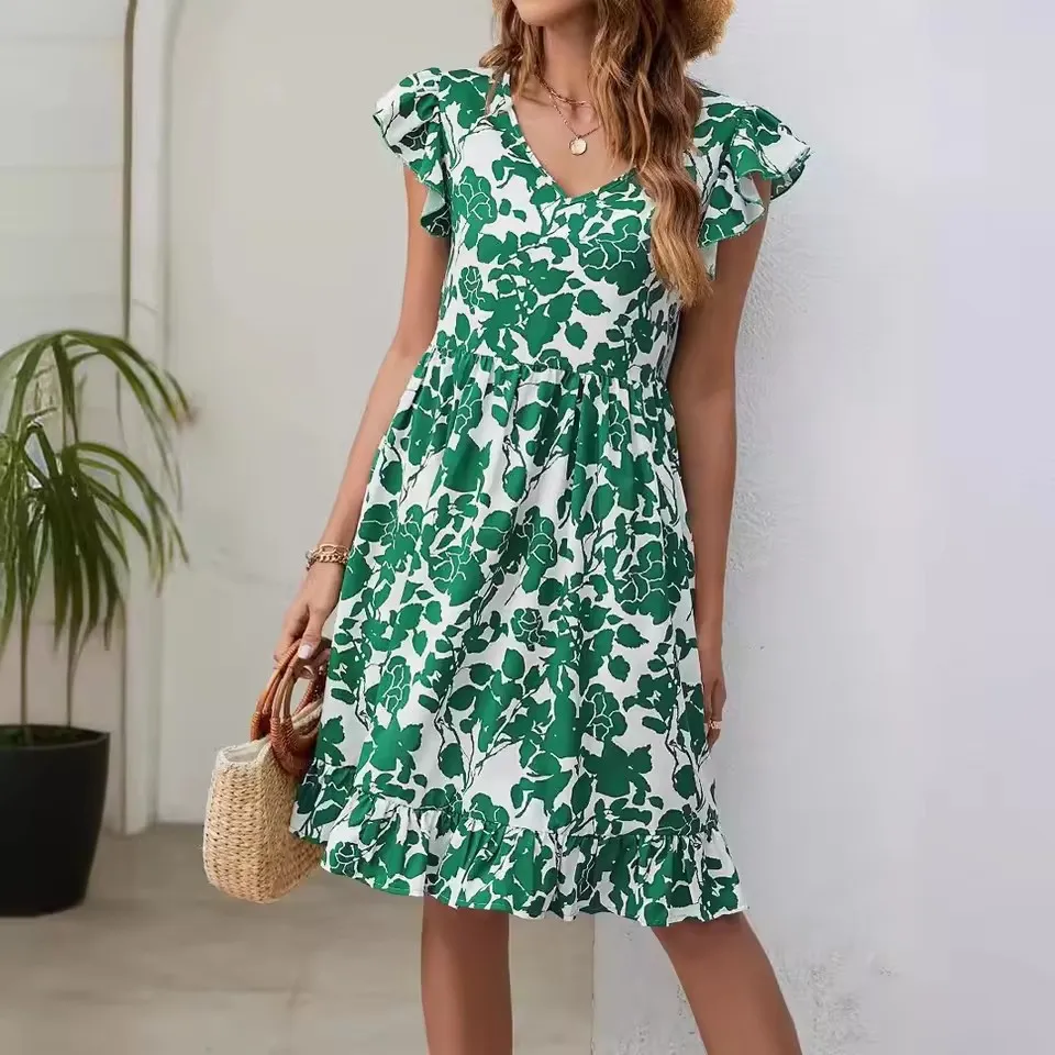 Vestido Casual Midi Feminino de Verão com Padrão de Folhas em Poliéster de Alta Qualidade, Decote em V, Com Babados, Mangas Curtas, Solto na Cintura, Estilo de Férias